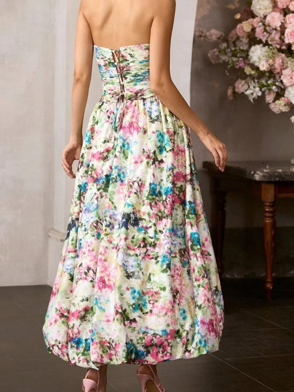 Multicolor Elegant Women's Floral Print Dress Wiith Bust Ruching - Picture 3 of 6